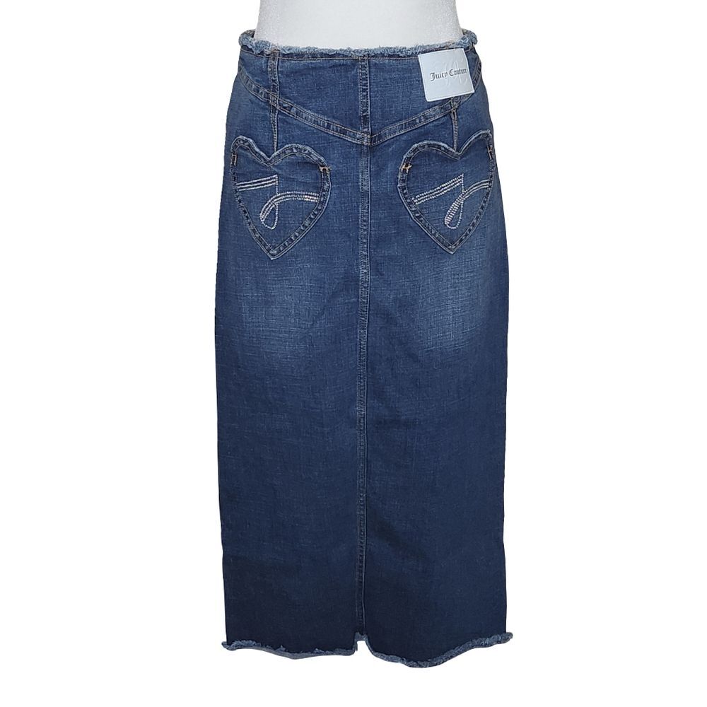 Juicy Couture Y2K Heart Rhinestone Pocket Denim Midi Skirt Women's 4 Maximalist